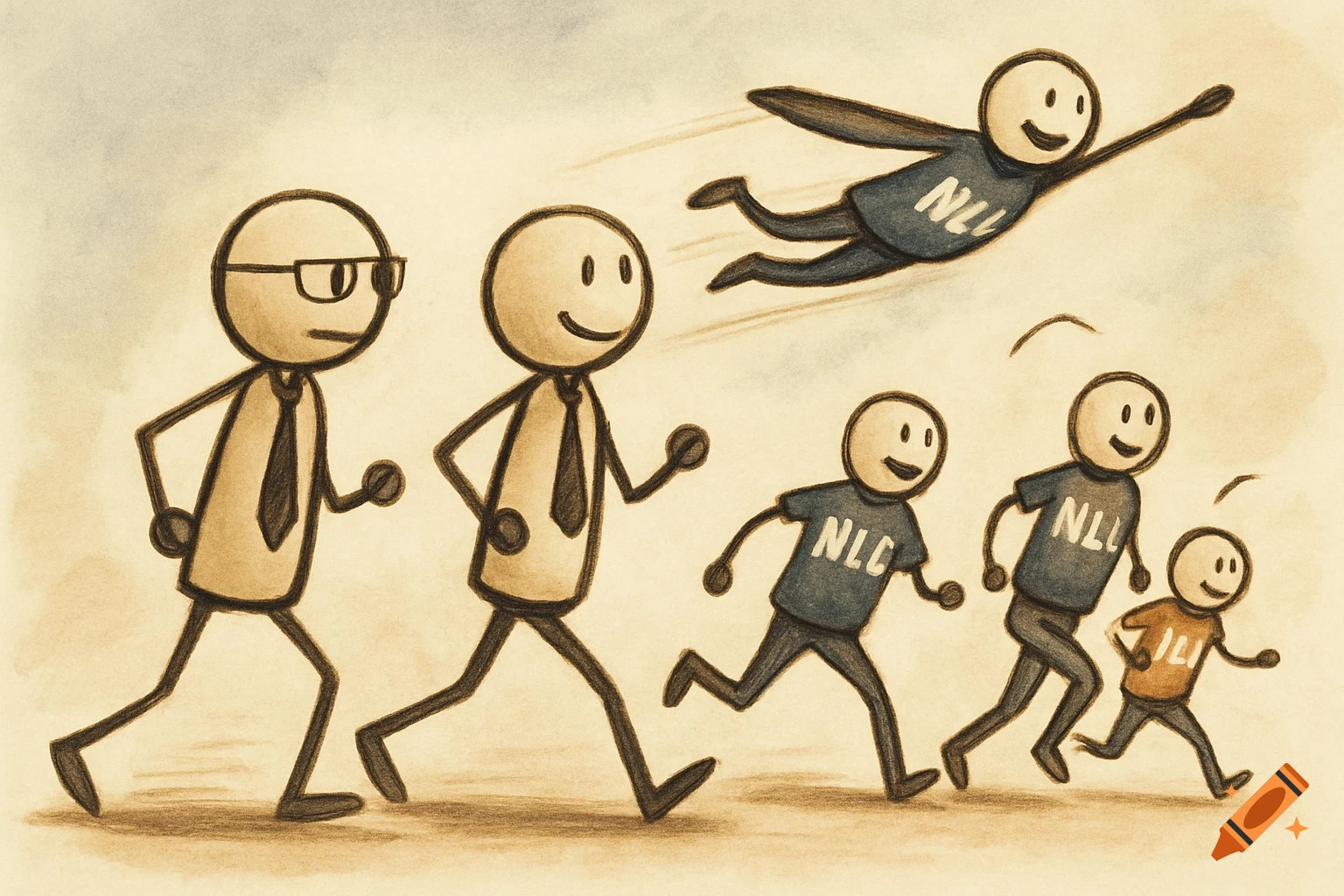 A group of stick figures running, with some flying, depicted in a sketch style drawing.