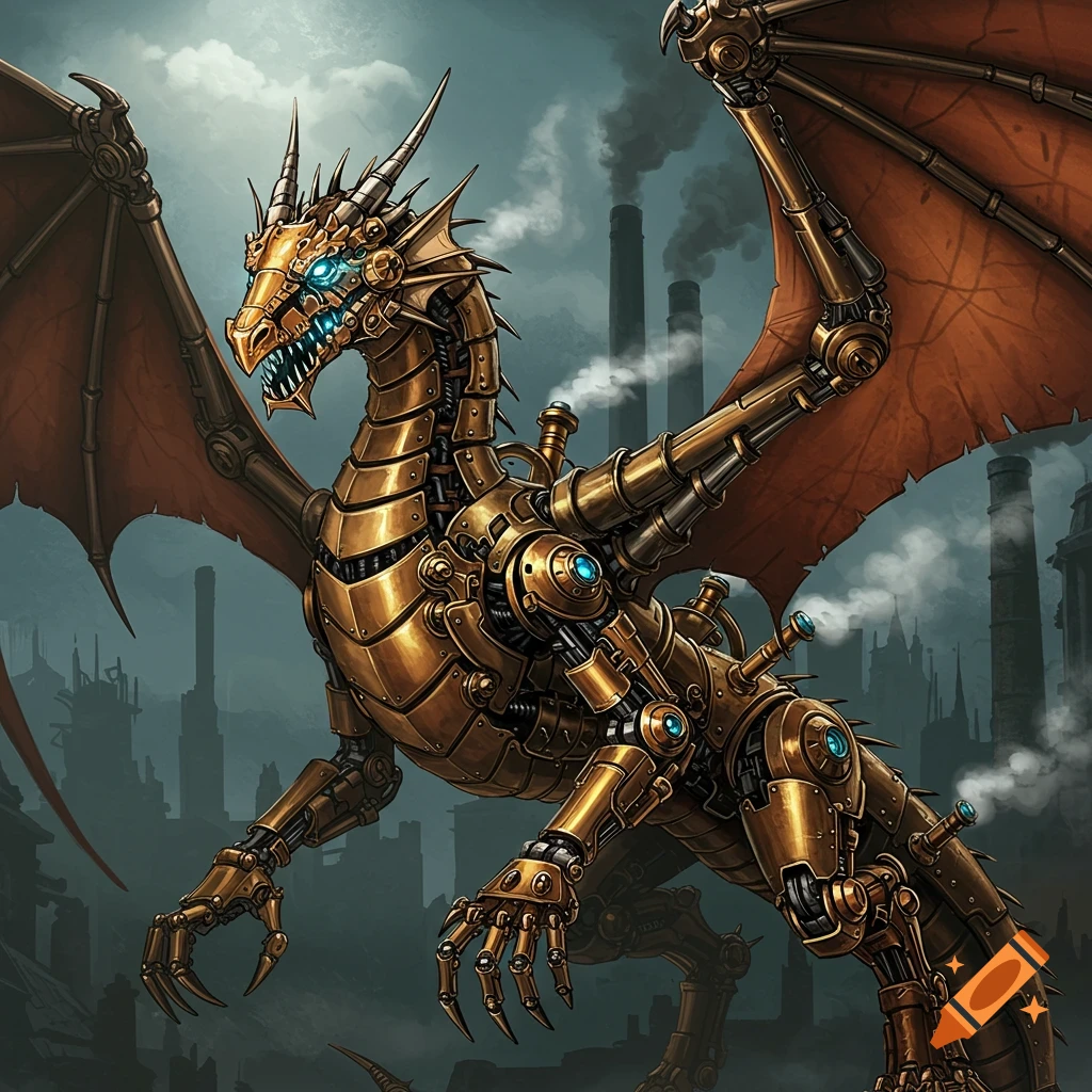 A detailed illustration of a brass and copper mechanical steampunk dragon with glowing blue eyes standing in an industrial city.