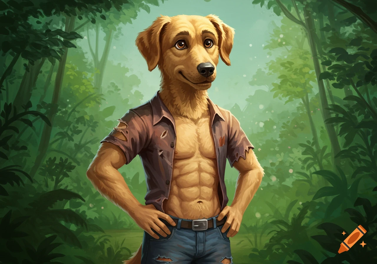 Anthropomorphic golden retriever with abs in ripped shirt and jeans in jungle.