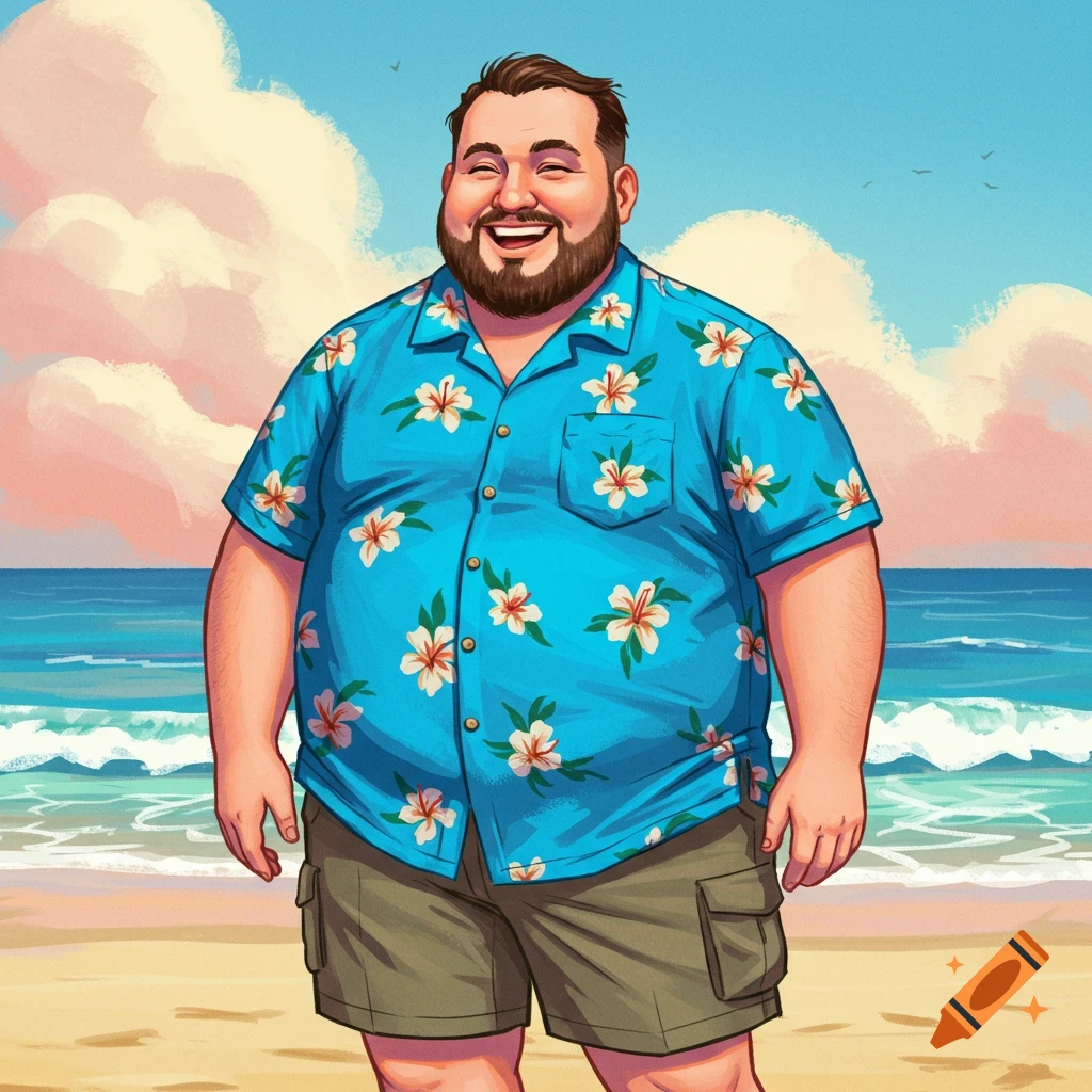 A smiling man wearing a blue floral shirt and cargo shorts stands on a beach.