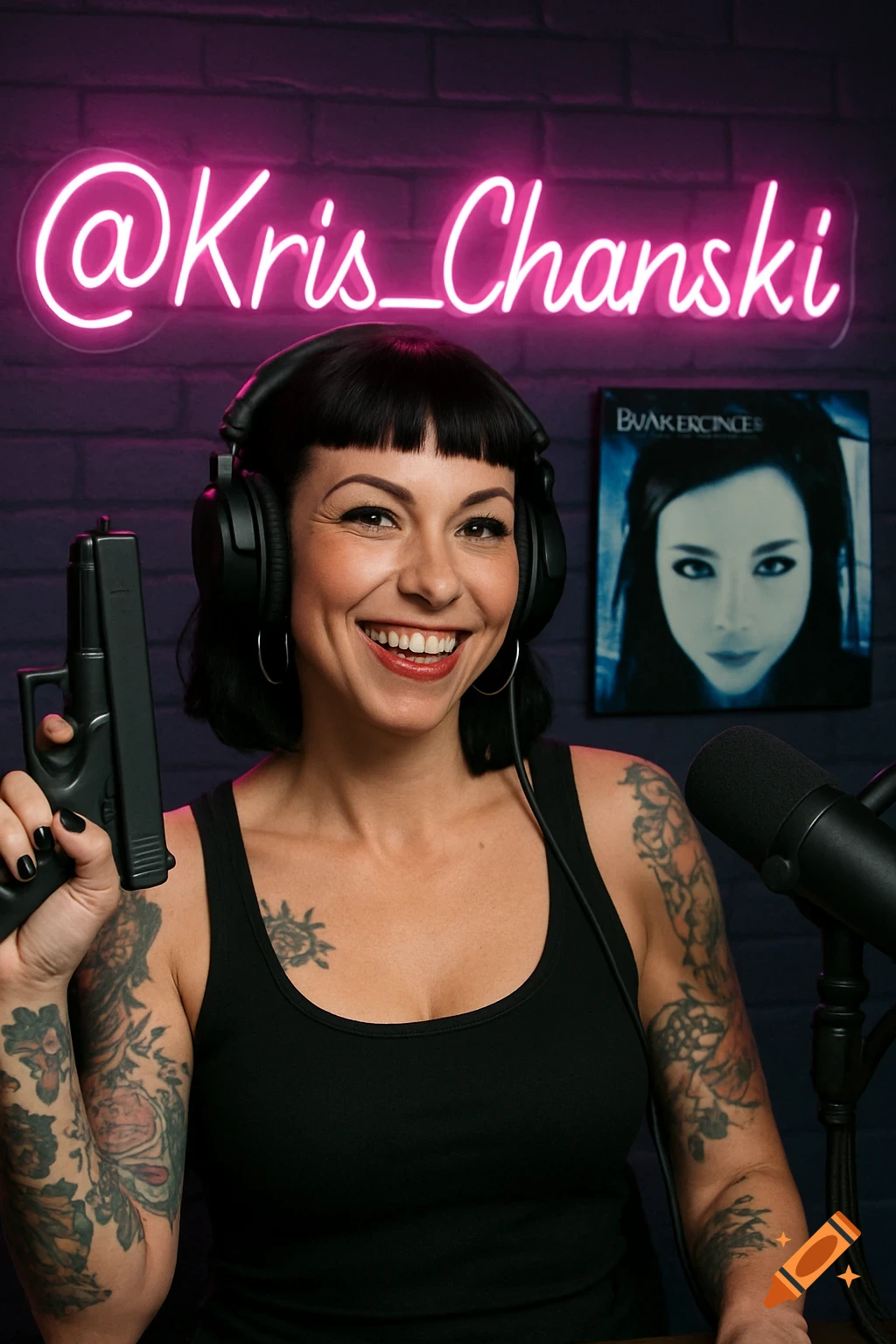 Smiling woman with tattoos and headphones holding a gun in front of a neon sign and poster.