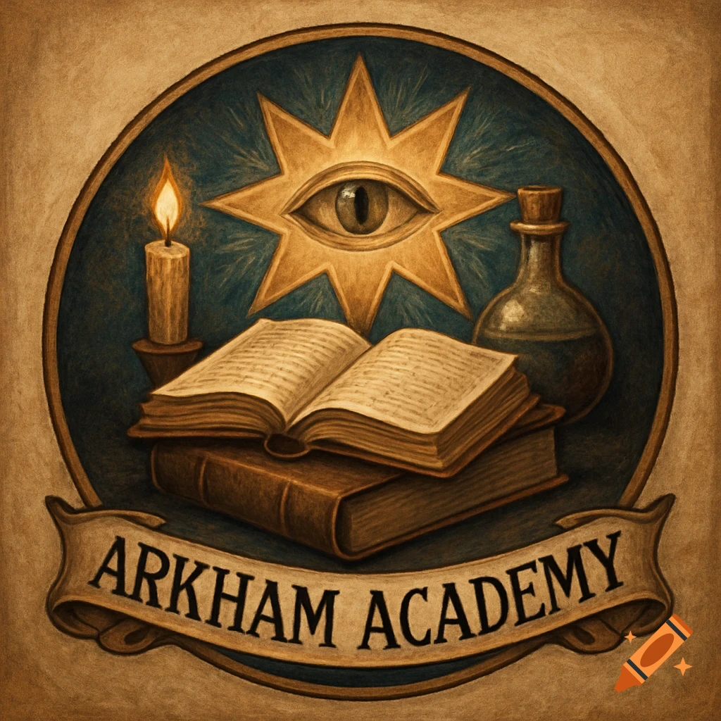 A vintage-style logo for Arkham Academy featuring an eye in a star above stacked books, a candle, and a bottle.