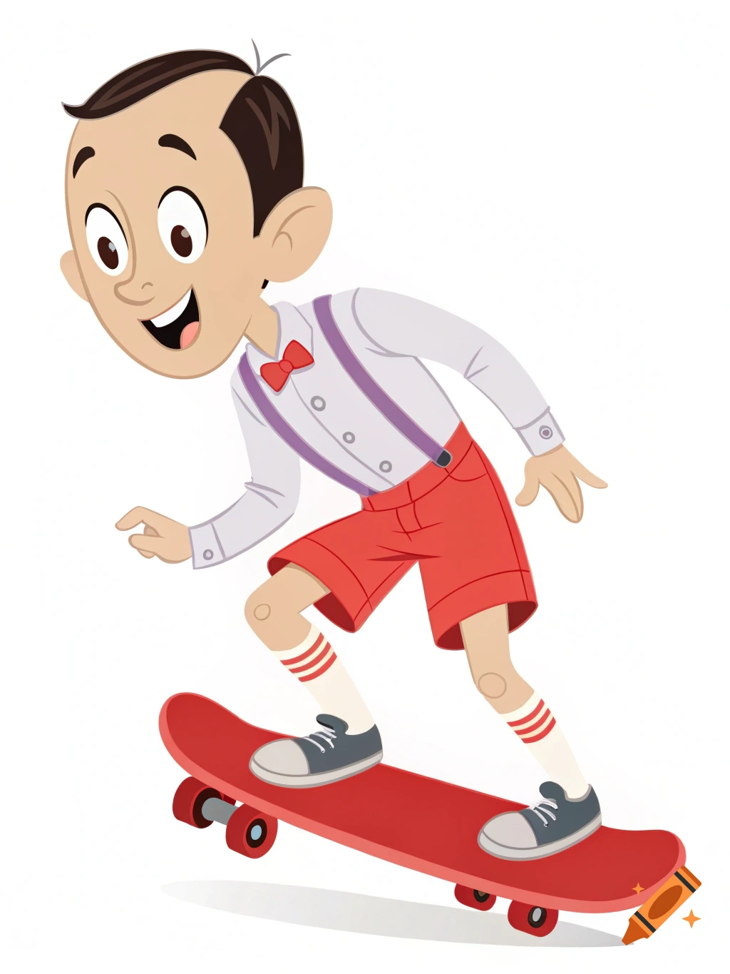 Cartoon of Pee Wee Herman riding a red skateboard