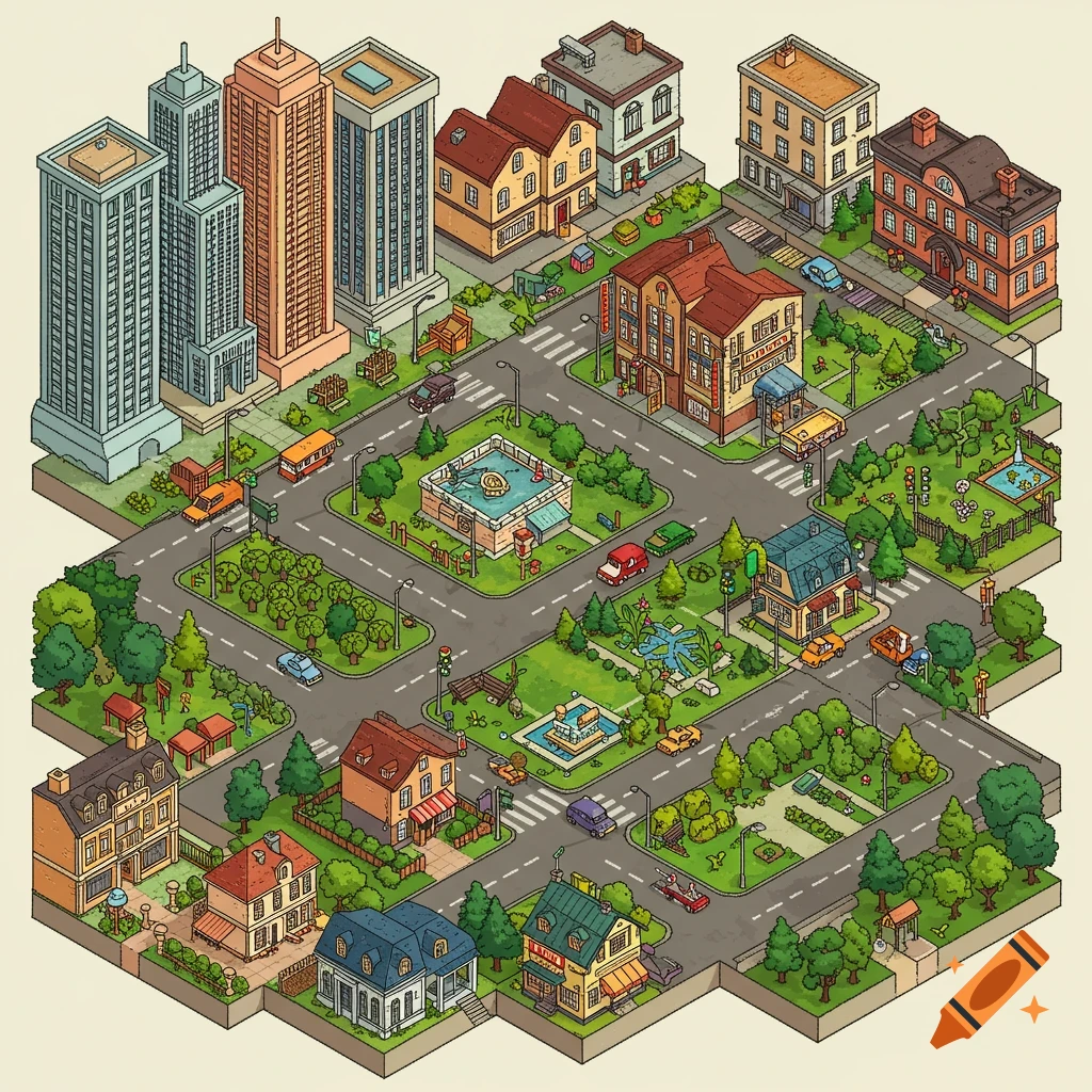 Isometric illustration of a city layout with buildings, roads, cars, and parks.