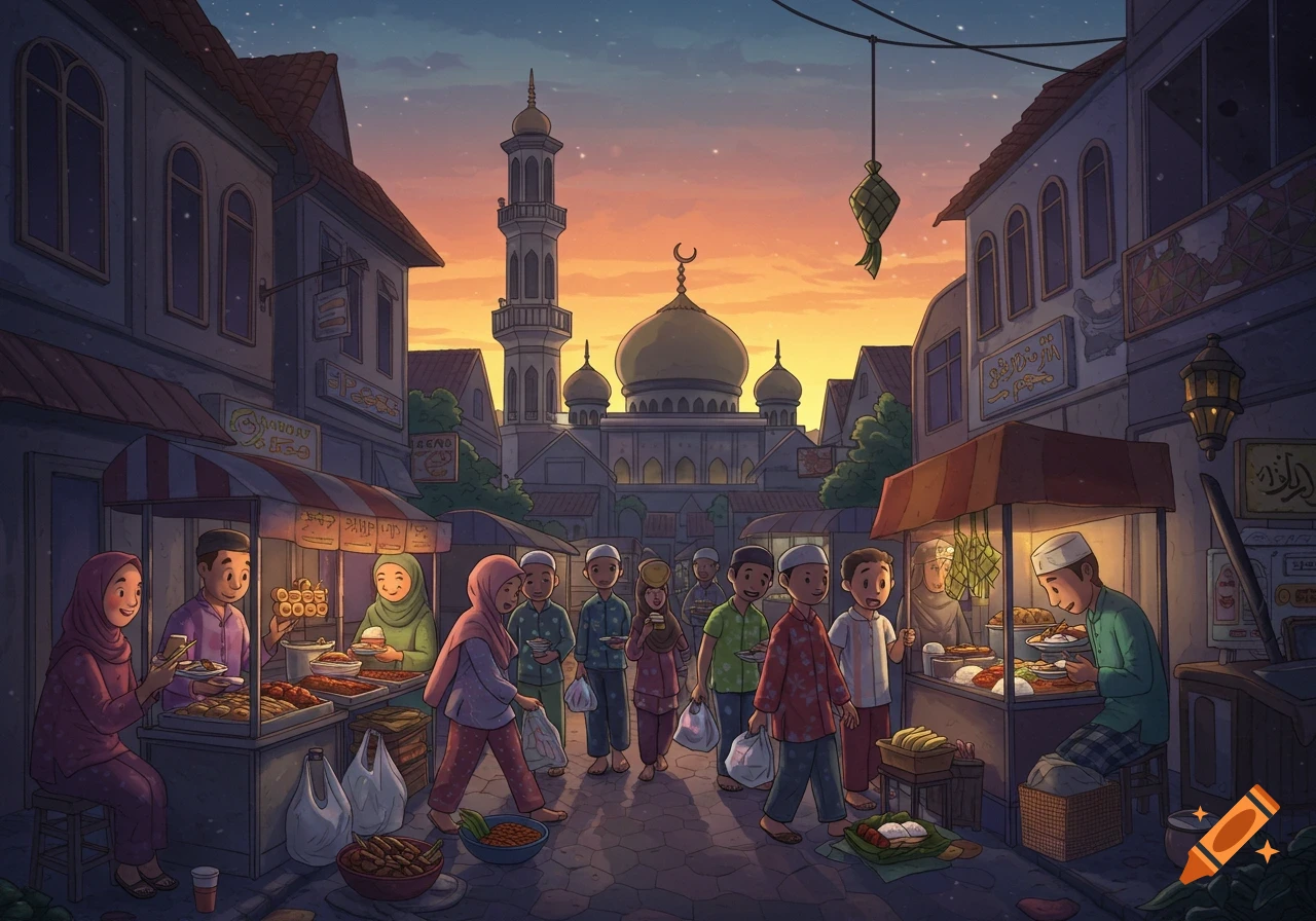 An illustration of a street market scene at sunset during Ramadan, with people buying food and a mosque in the background.