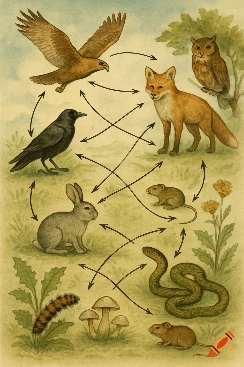 Illustrated food web diagram showing animals like a hawk, fox, rabbit, snake, and owl connected by arrows.