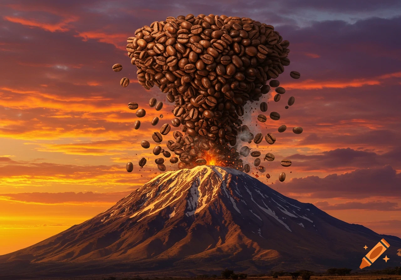A volcano erupts a giant cloud and stream of coffee beans against a sunset sky.