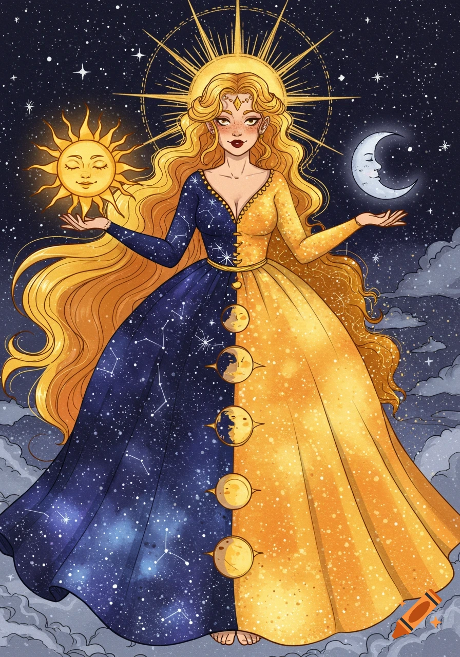 Illustration of a goddess in a sun and moon split dress, holding the sun and moon.