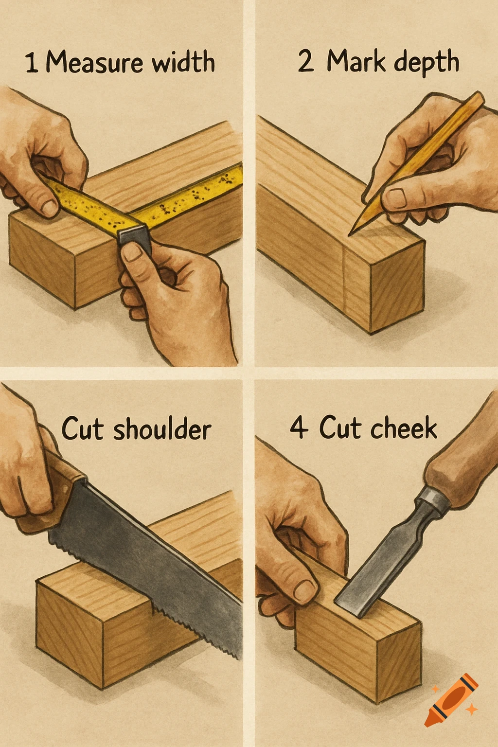 Step-by-step illustration showing woodworking: measuring, marking, cutting shoulder with saw, cutting cheek with chisel.