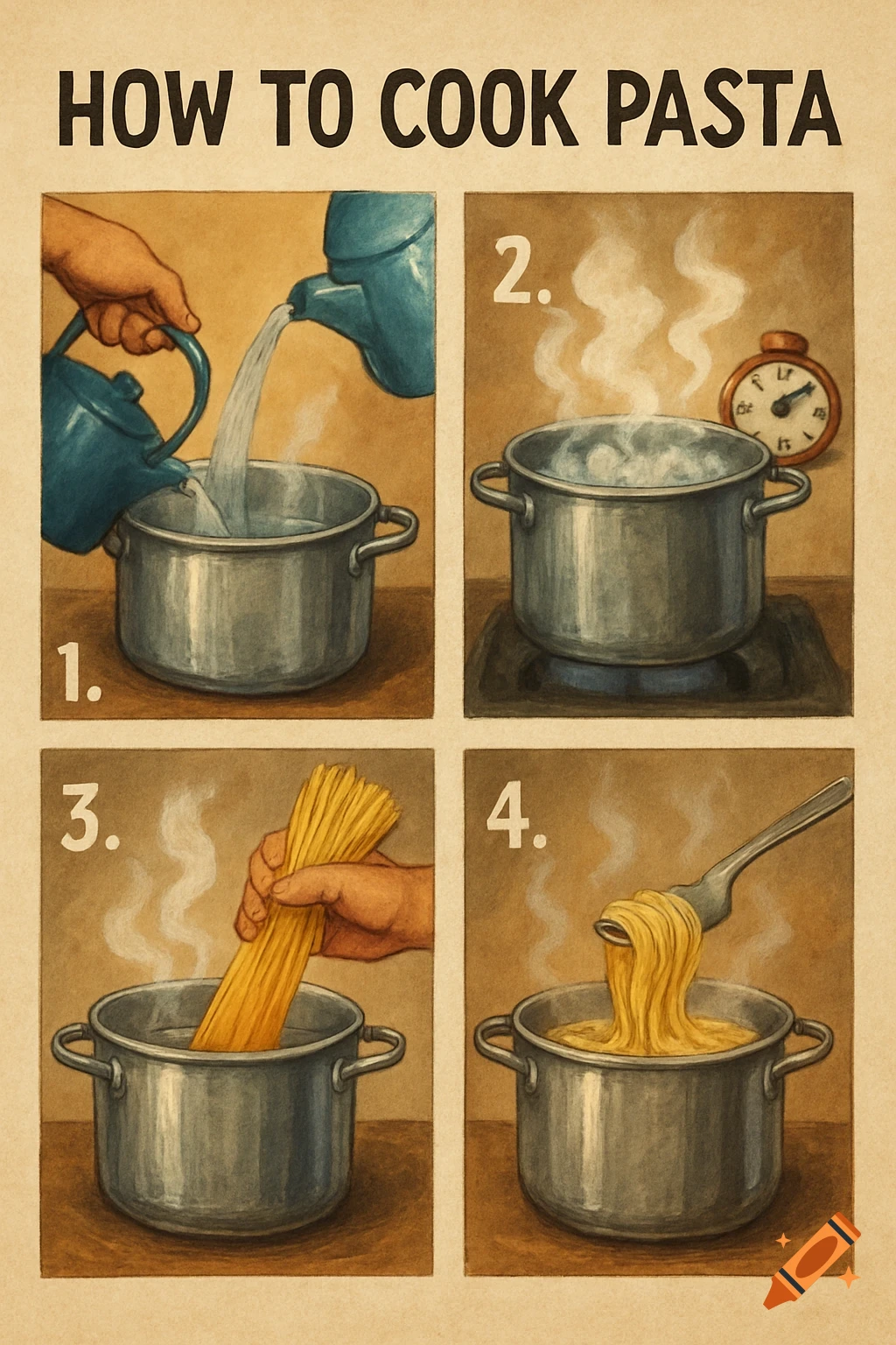 Step-by-step illustration guide showing how to cook pasta in four panels.