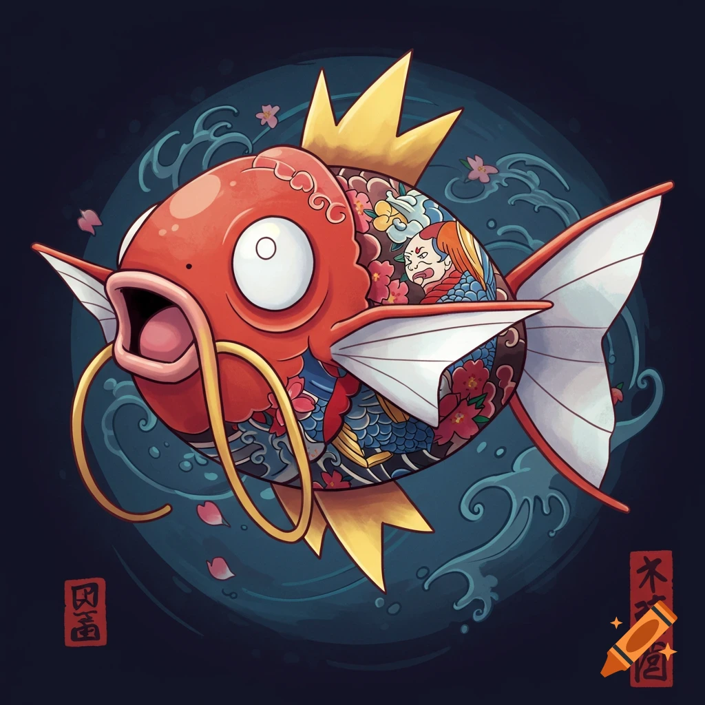 Stylized illustration of a red Magikarp with Japanese irezumi tattoo art against a dark background with waves.