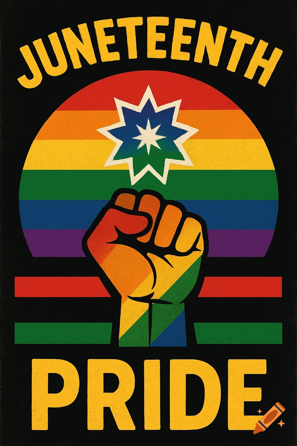 JUNETEENTH PRIDE poster with raised fist, star, and rainbow colors