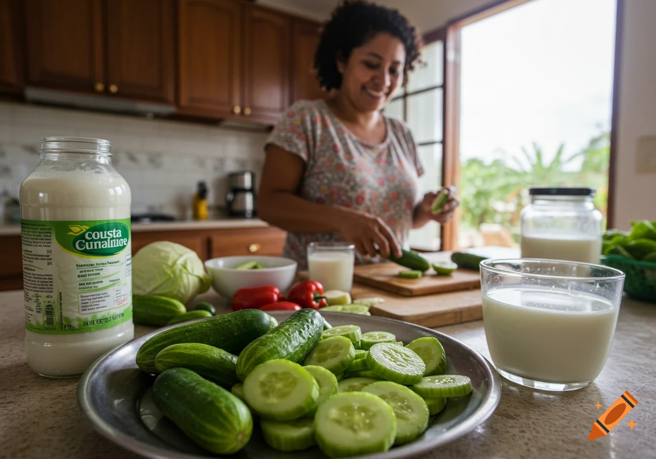 Woman cutting cucumbers in a kitchen with jars of liquid and cut cucumbers on a plate.