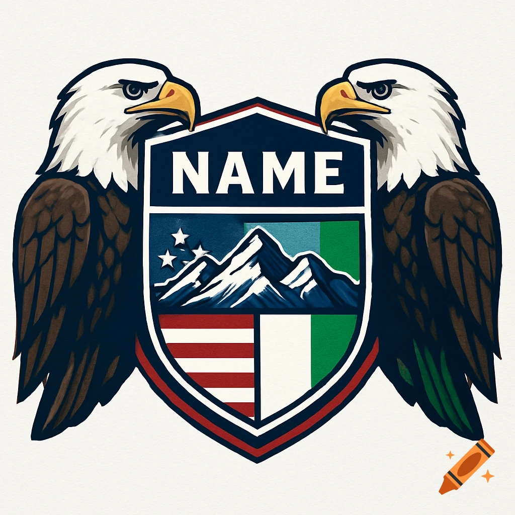 Graphic logo with two bald eagles flanking a shield containing mountains, USA stripes, green/white panel, and 'NAME' text.