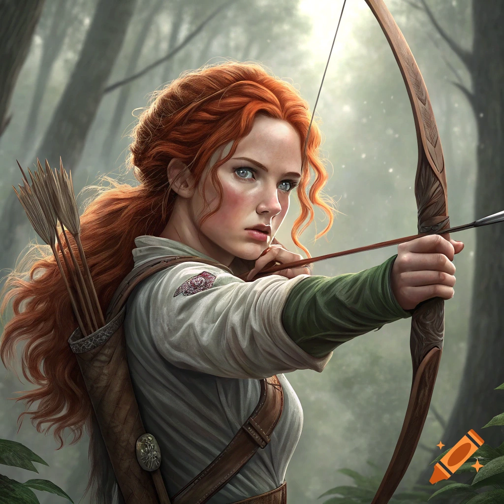 Red-haired woman with a bow and arrow in a forest