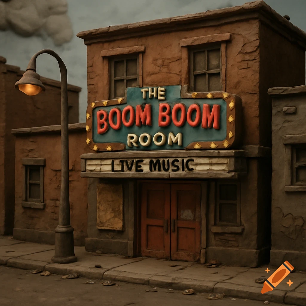 A 3D clay animation street scene of a rundown music venue called The Boom Boom Room with a sign that says LIVE MUSIC.
