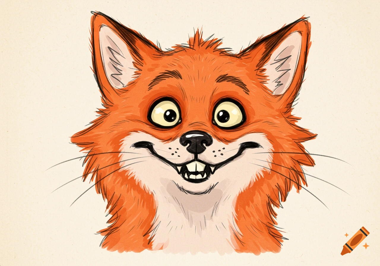 Sketch illustration of a silly cartoon fox face with a wide grin.