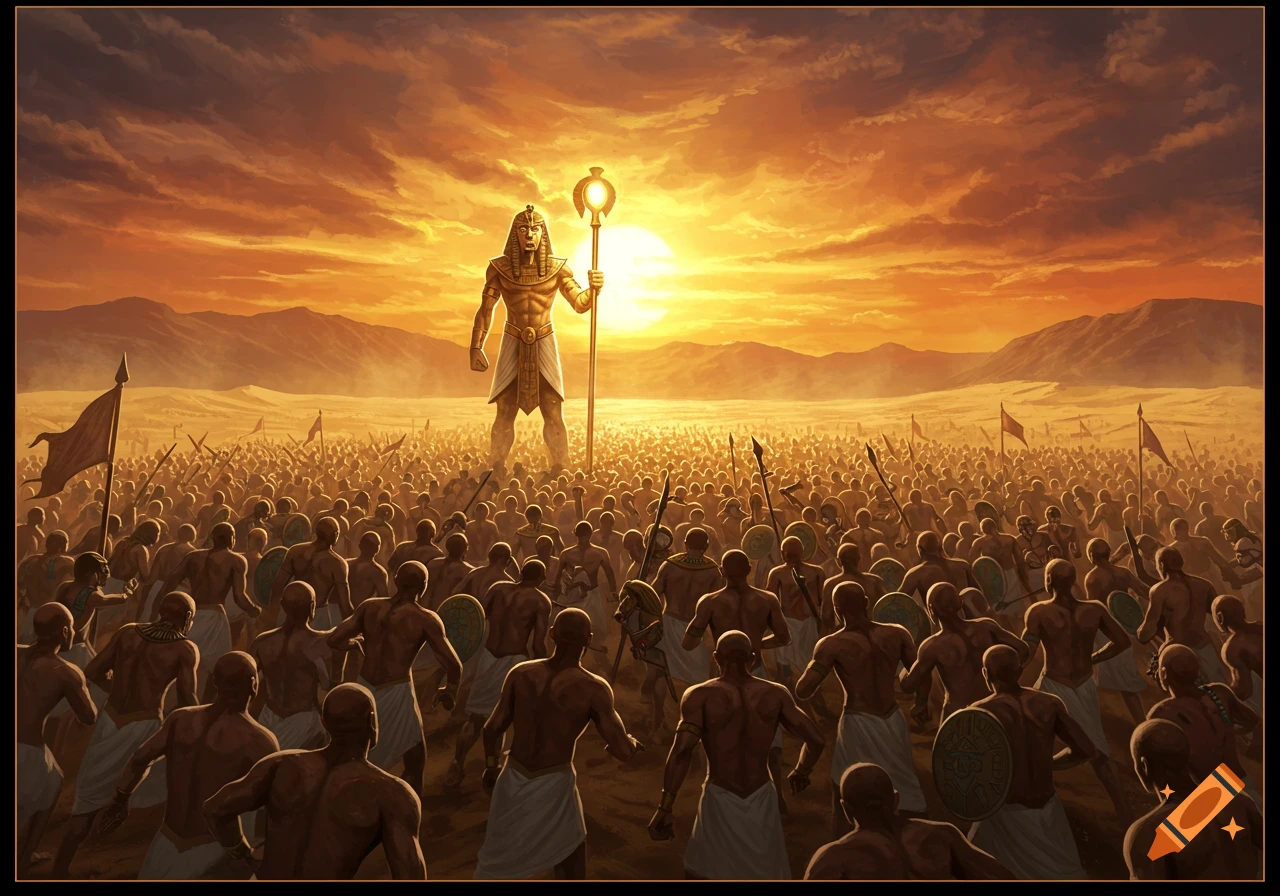Giant Egyptian god or pharaoh figure with staff overlooks a massive army in a desert sunset.