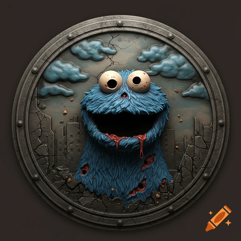 Bas relief style depiction of a zombie Cookie Monster head within a round emblem, with a cracked cityscape background and dark clouds.