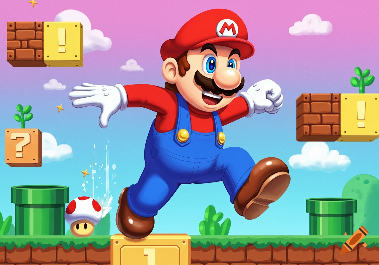 Mario jumps on a block in a colorful video game level with pipes and blocks.