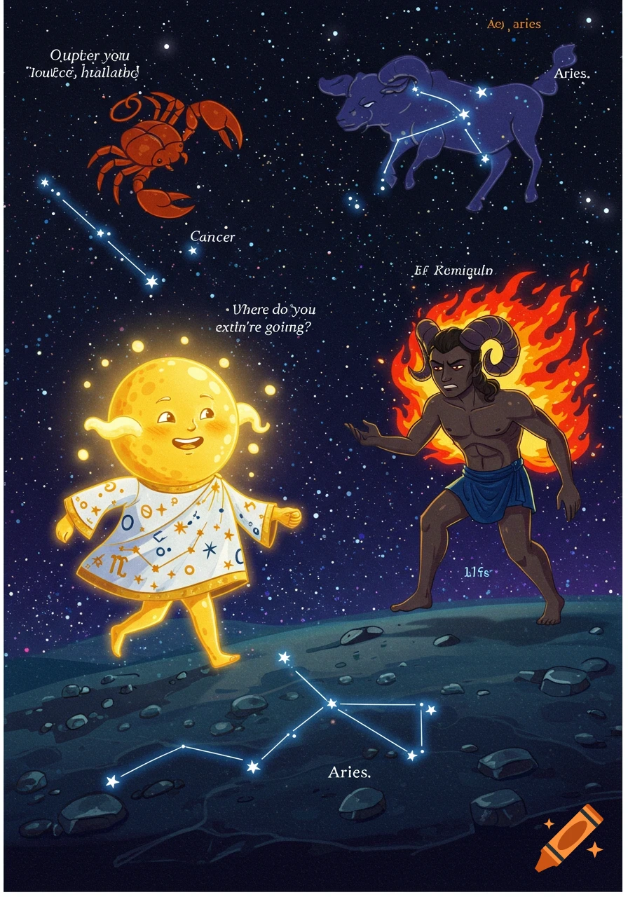Illustration of a sun-like character meeting a fiery ram character in space with zodiac constellations Cancer and Aries.