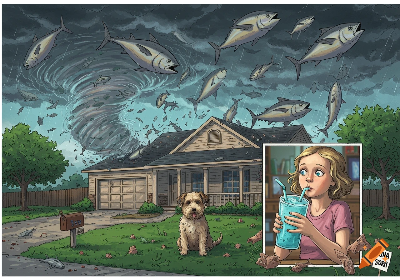 A cartoon illustration of a house experiencing a tuna tornado while a girl drinks a blue smoothie inside.