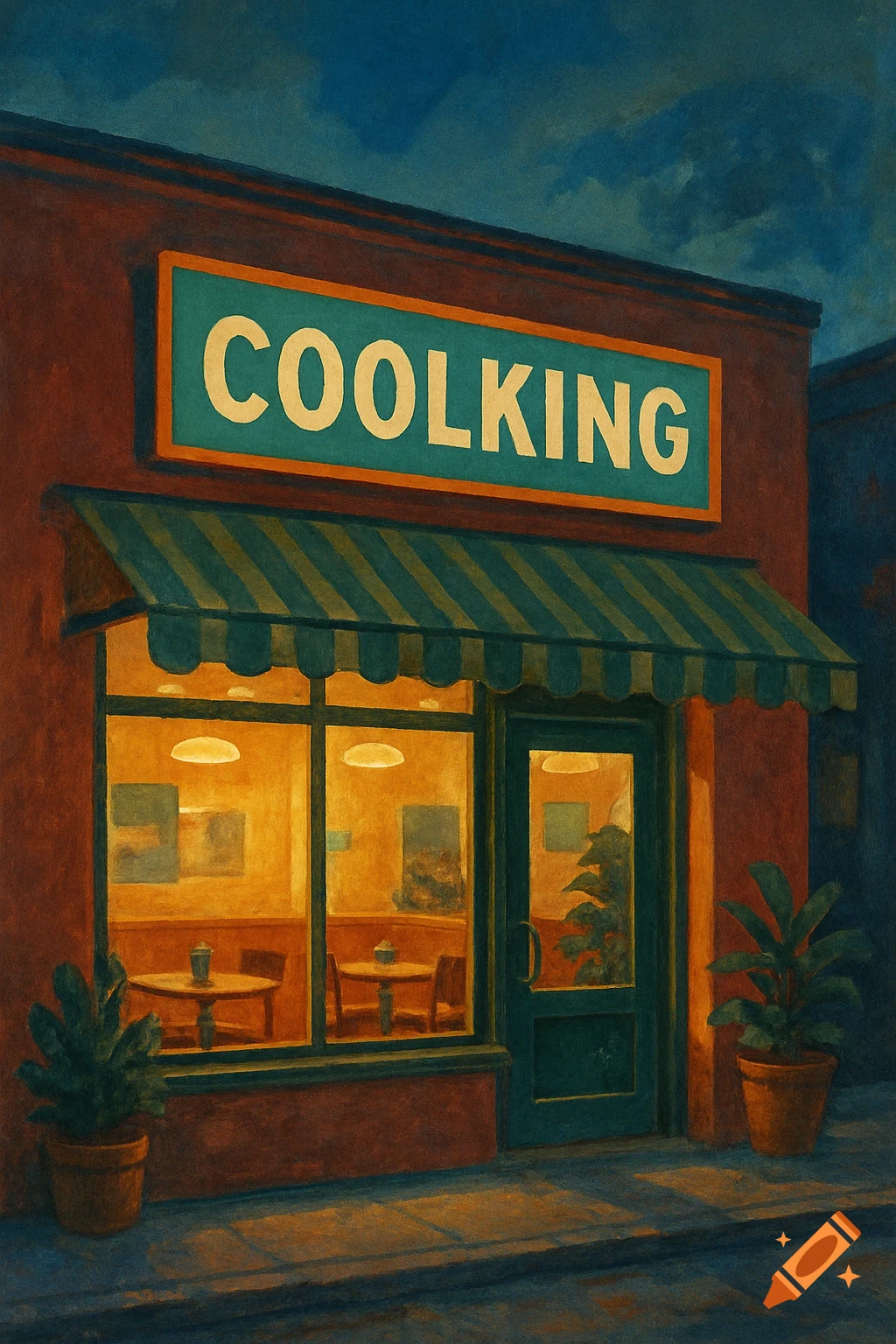 A painted scene of a restaurant with a sign reading COOLKING at night.