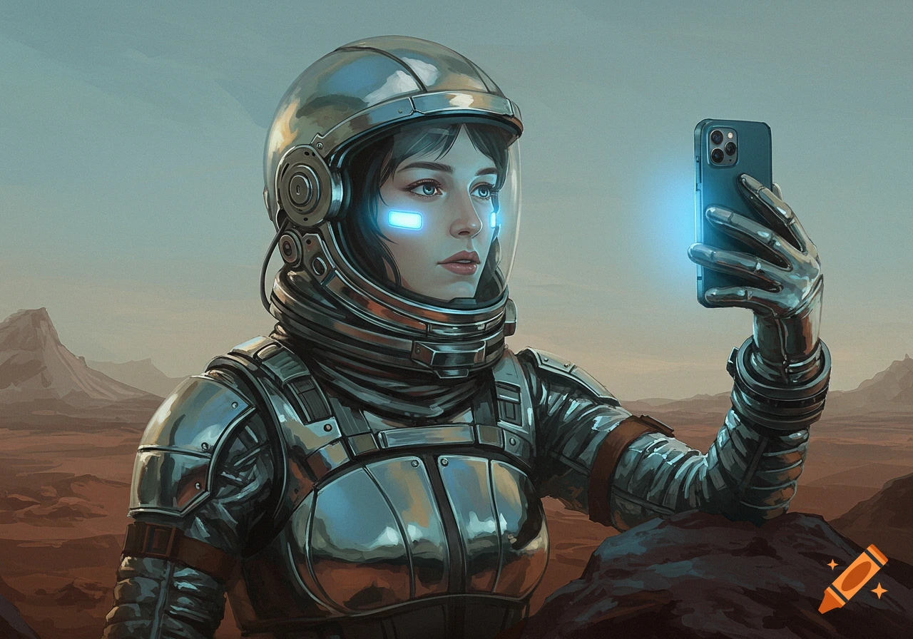A woman in a futuristic spacesuit takes a selfie with a phone on an alien planet. Sci-fi art.