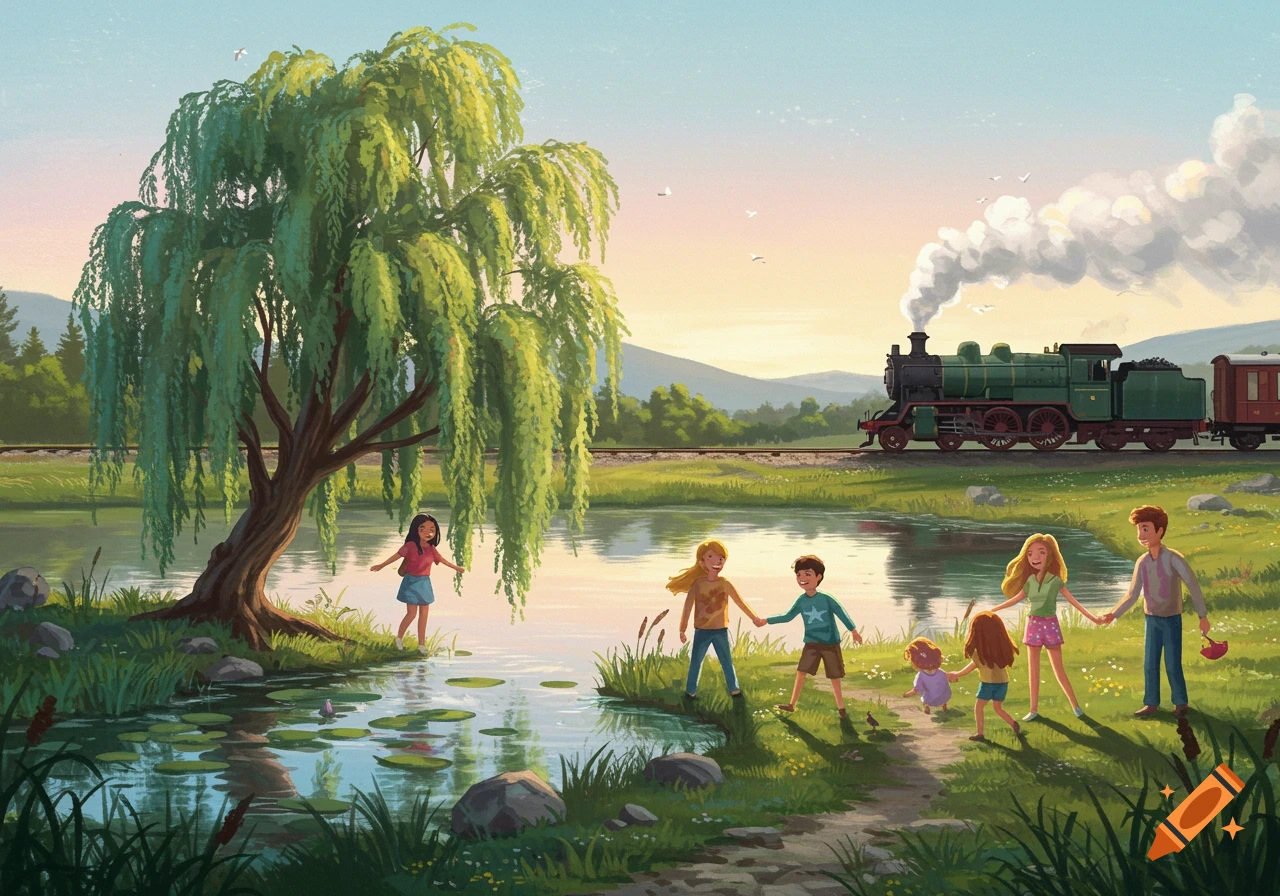 Illustration of children and adults by a lake near a large willow tree as a train passes in the background.