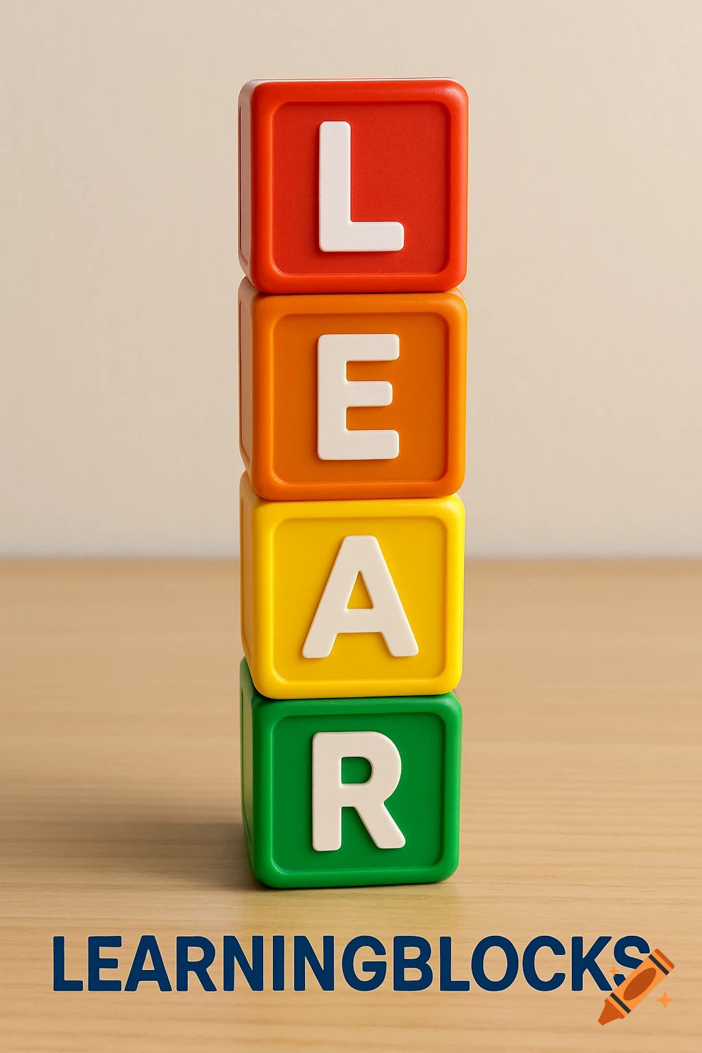 Four stacked colorful toy blocks spelling LEAR, with the word LEARNINGBLOCKS below on a wooden surface.