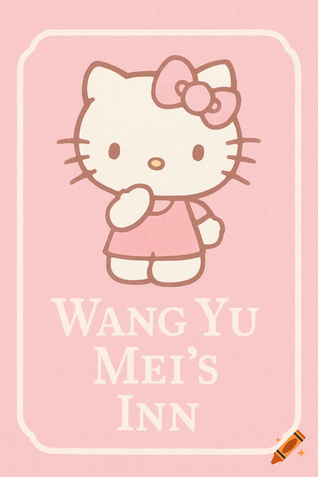 Hello Kitty cartoon above text 'Wang Yu Mei's Inn' on a pink background.