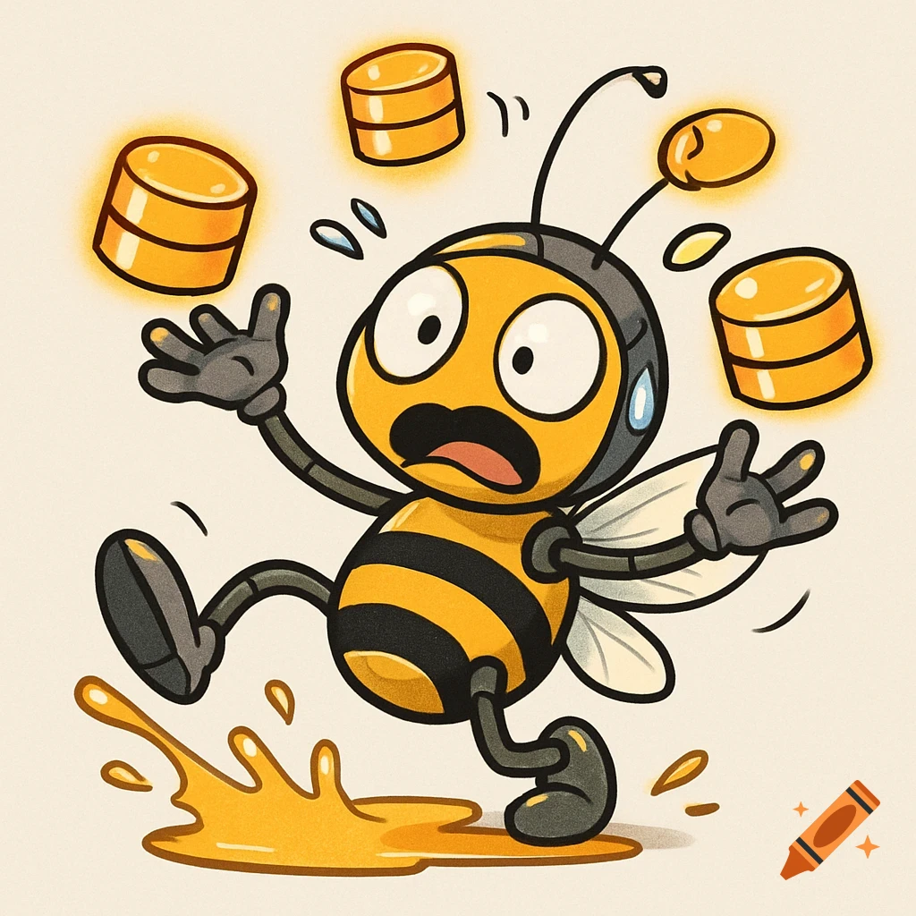 Cartoon bee robot juggling database icons while slipping on a honey puddle.