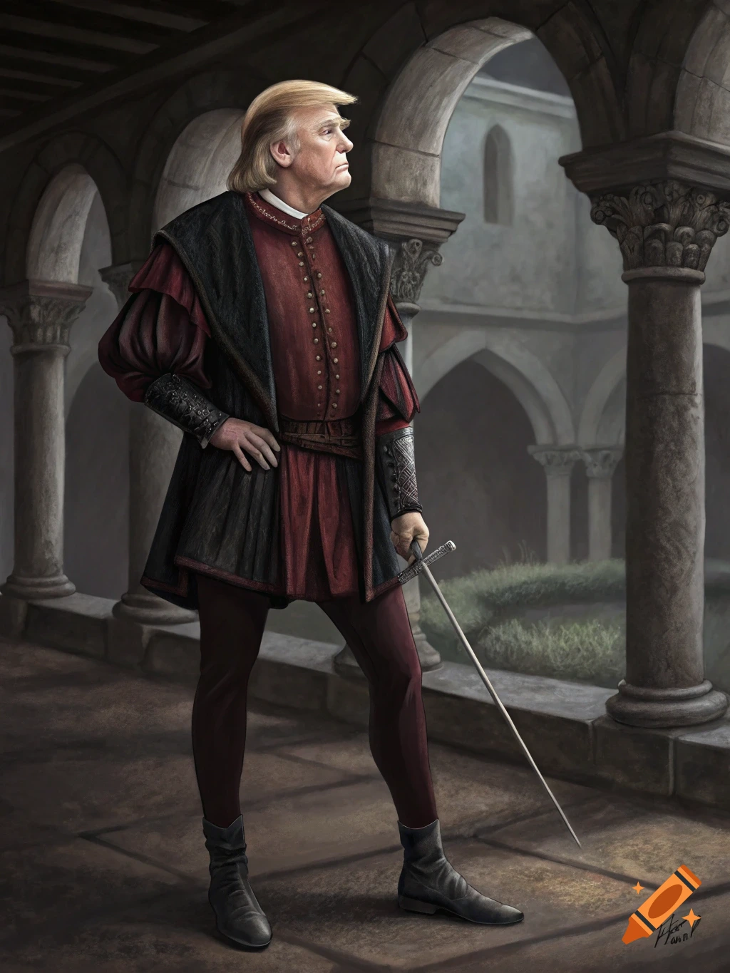 Painting of Donald Trump dressed as a historical figure, holding a sword in an arched courtyard.