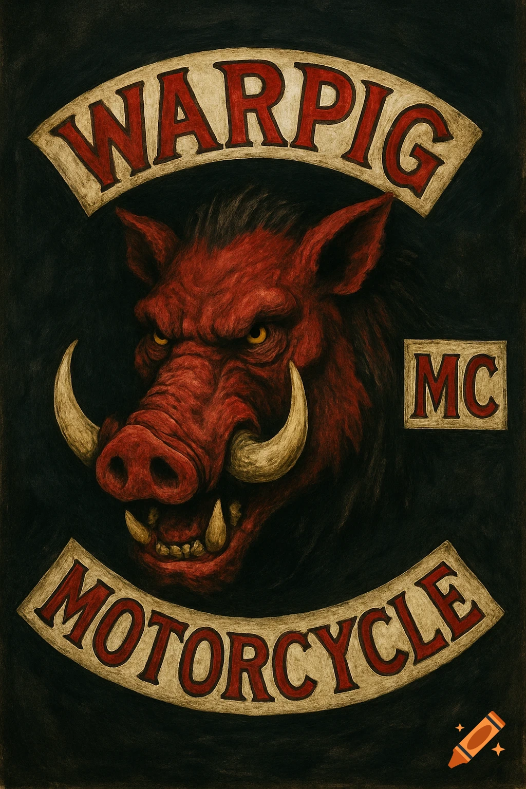 Warpig Motorcycle Club emblem with a red boar head