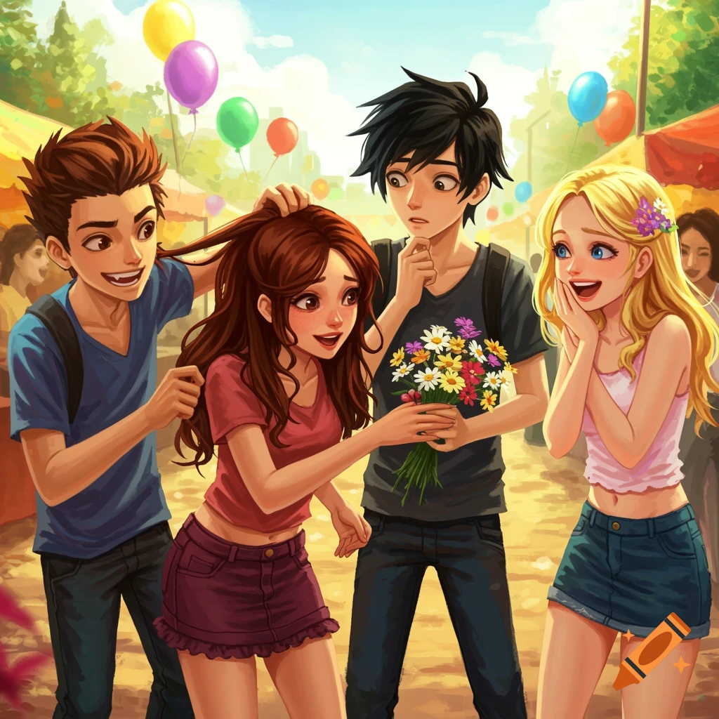 Four cheerful teenagers in a colorful market scene with balloons