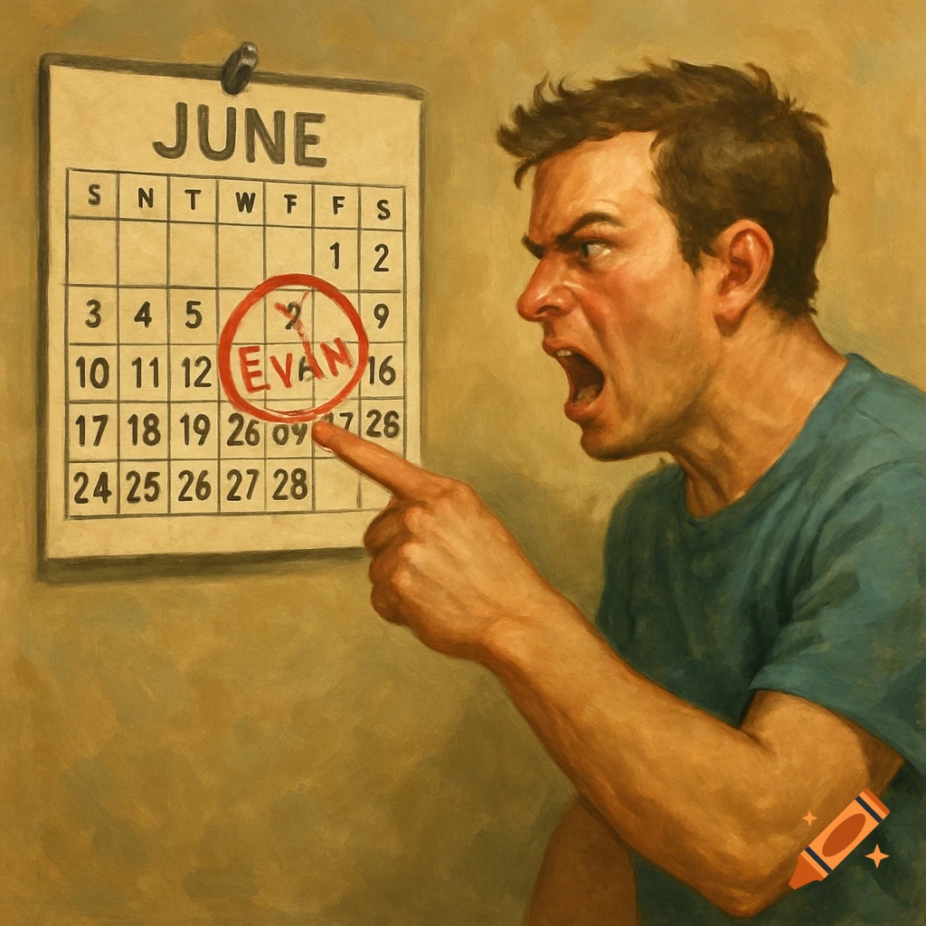 Angry man points at a calendar marking June 9th with the name Evan.