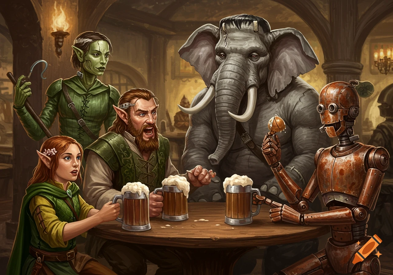 Fantasy characters including an elf, orc, elephant-man, and robot drinking in a tavern.