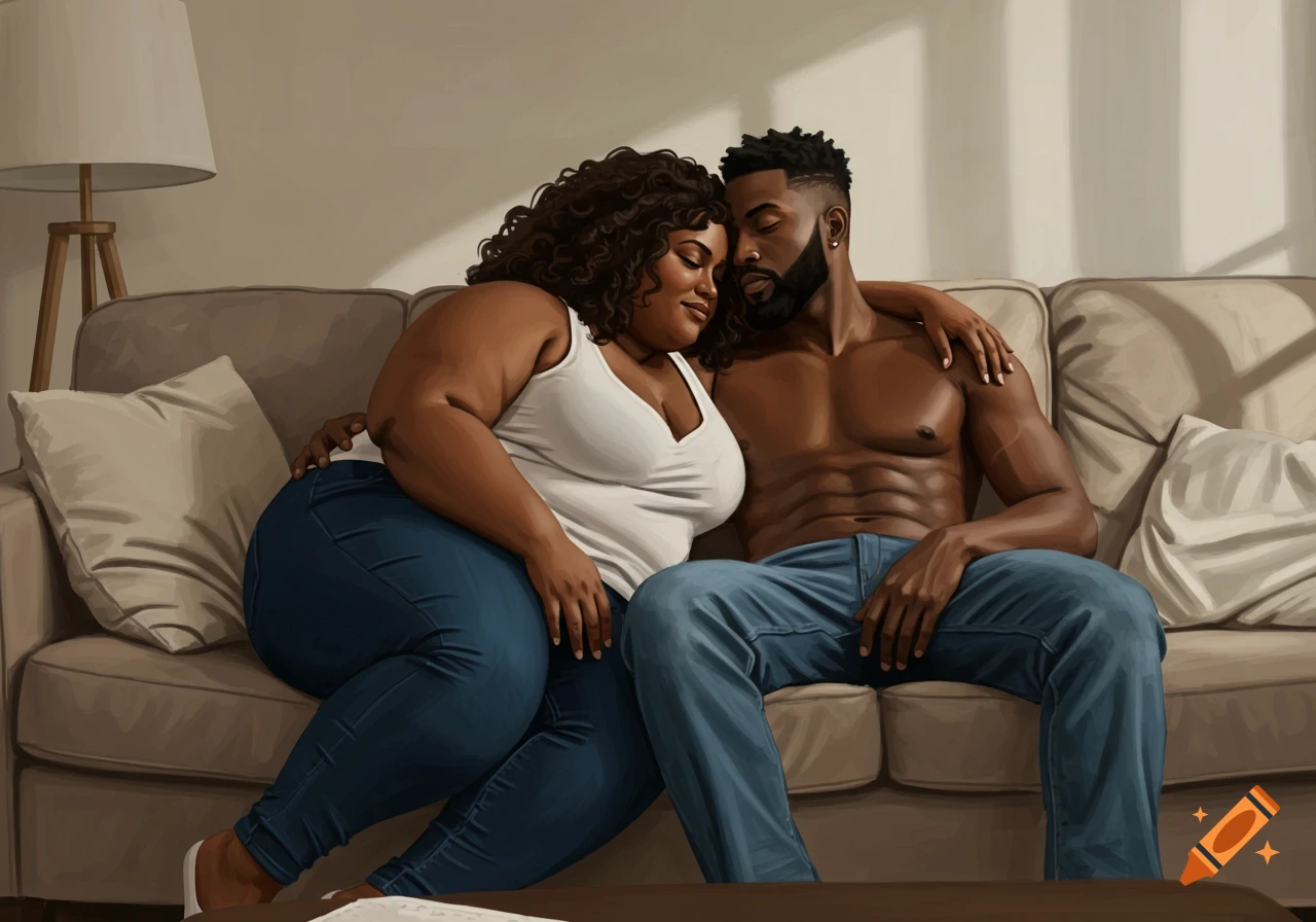 A Black couple cuddles on a couch in a living room, rendered in an oil painting style.