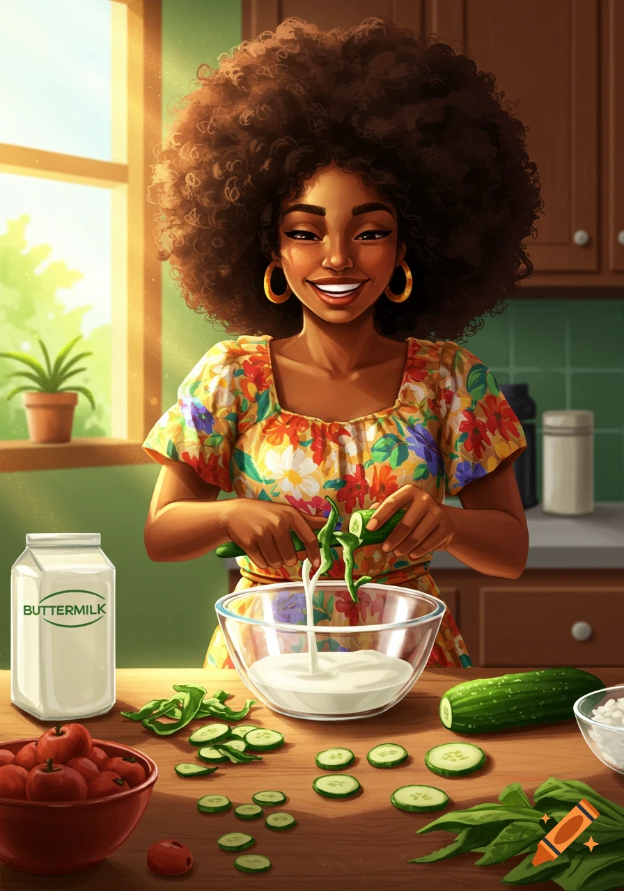 Illustration of a smiling woman chopping cucumbers into a bowl in a kitchen, with buttermilk nearby.
