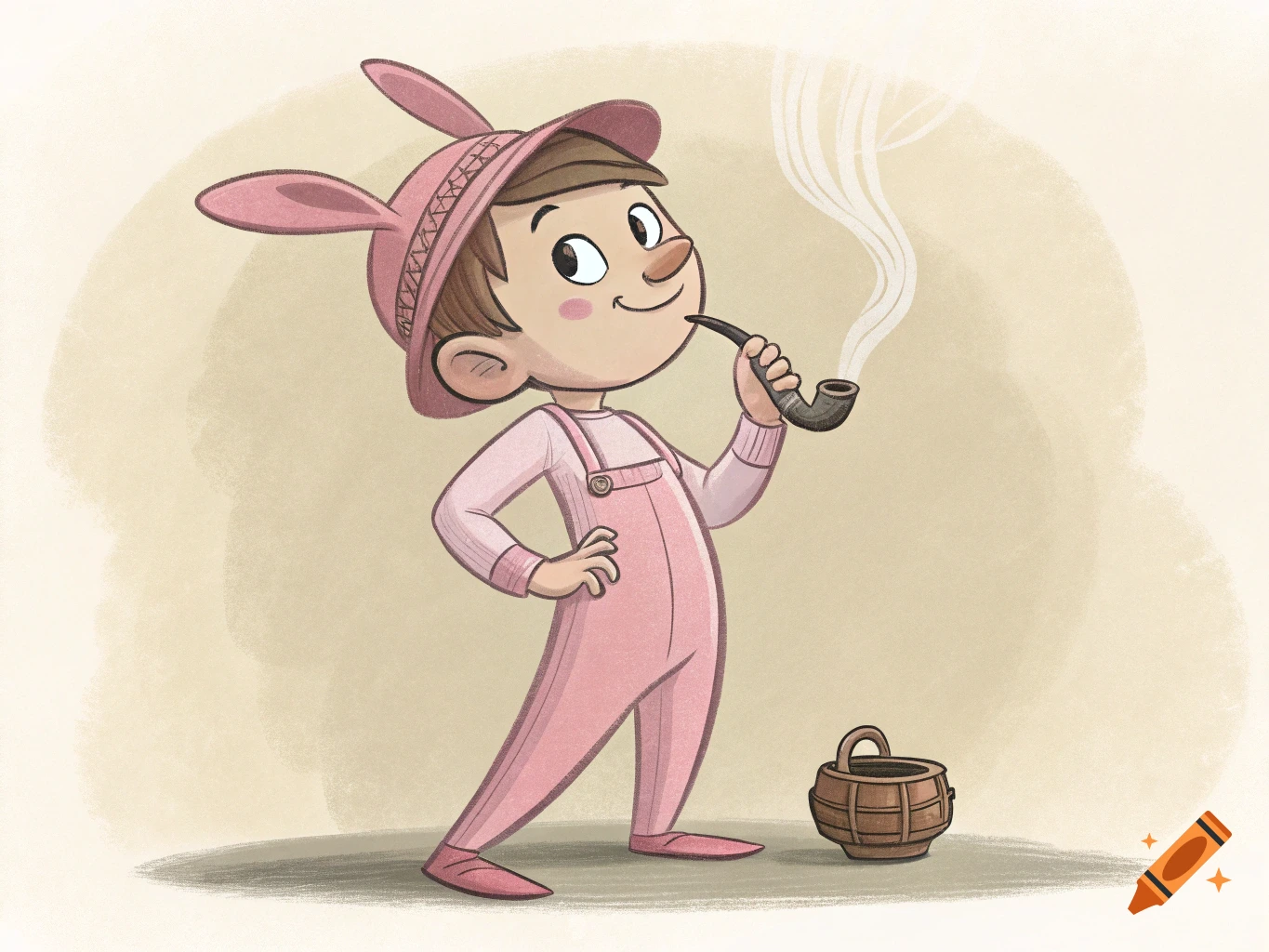 Cartoon illustration of a boy in a pink bunny hat and overalls smoking a pipe.