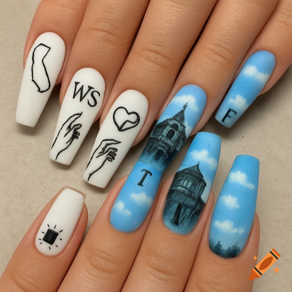 Close-up of hands with coffin-shaped acrylic nails painted with outlines of California, hands, a heart, a cube, letters WS, T, F, and a building against a sky background.