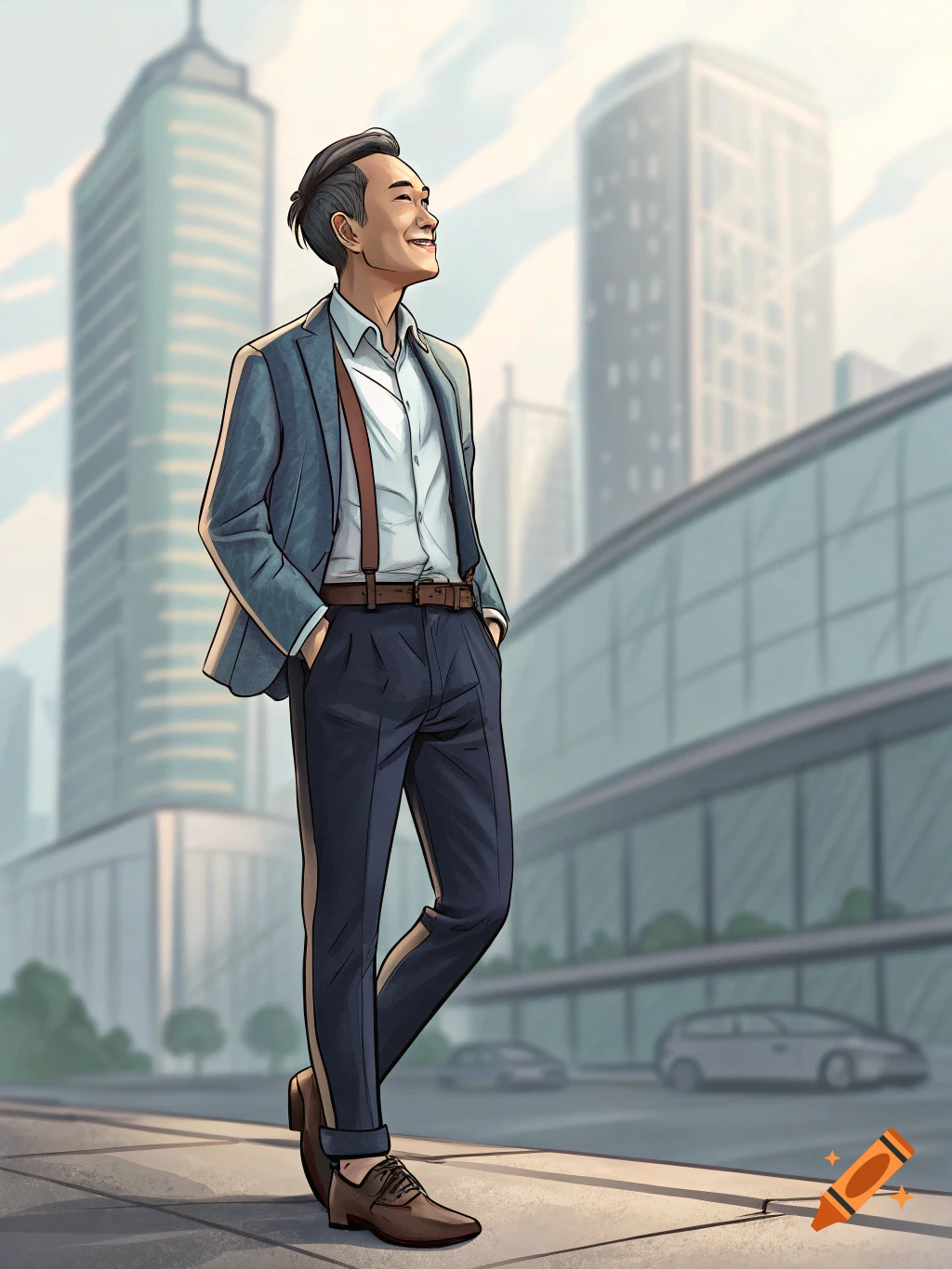 Illustration of a man in a suit smiling while standing in a city.