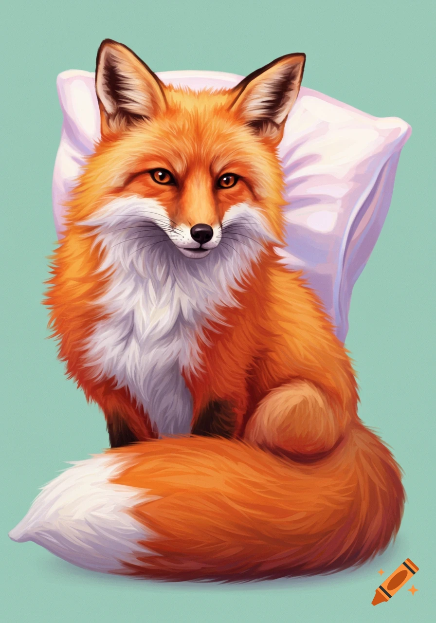 Digital painting of a fluffy red fox sitting in front of a white pillow on a teal background.
