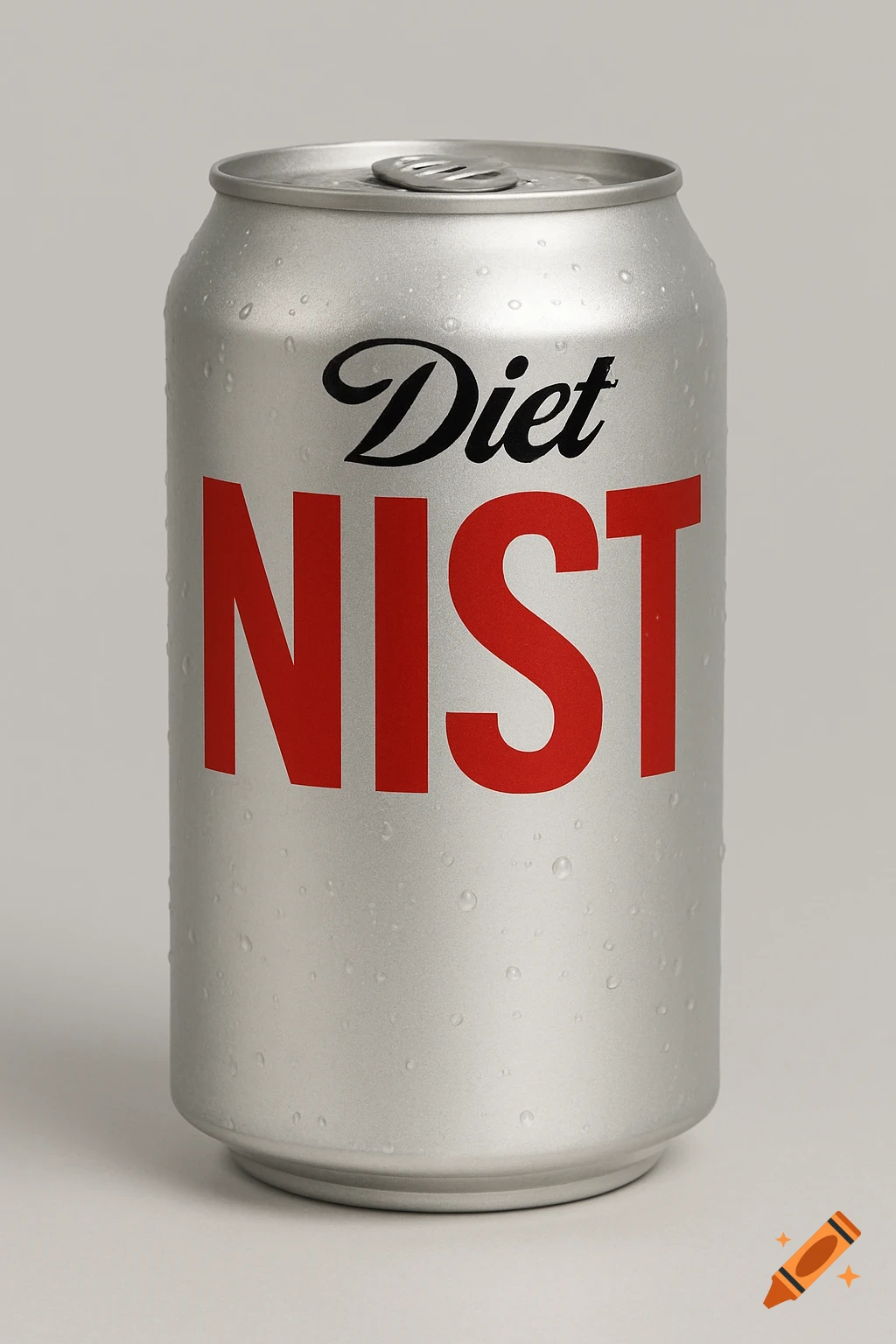A close-up studio shot of a silver soda can with condensation droplets. It says "Diet" in black script and "NIST" in large red block letters.