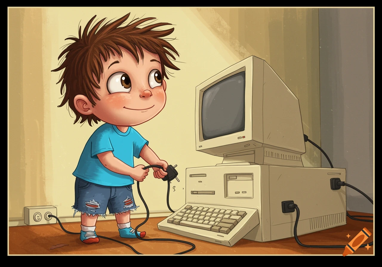 Cartoon boy unplugging an old computer.
