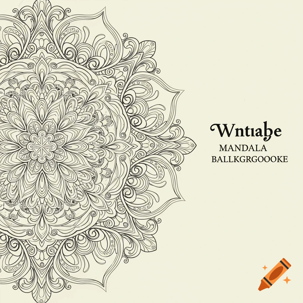 A black and white line art mandala pattern with some illegible text on the right.