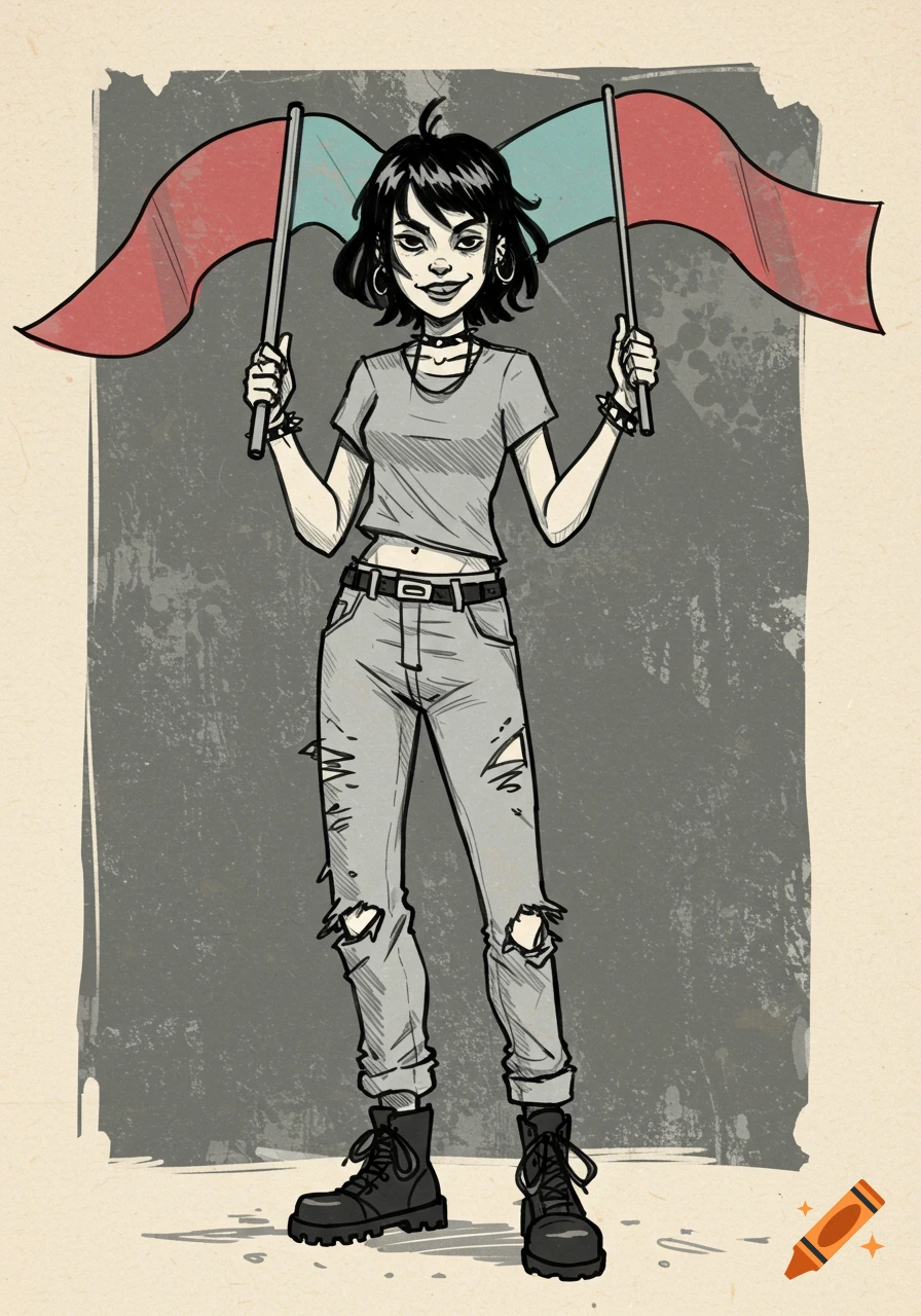 A stylized sketch of a young woman in grunge clothing holding two flags.