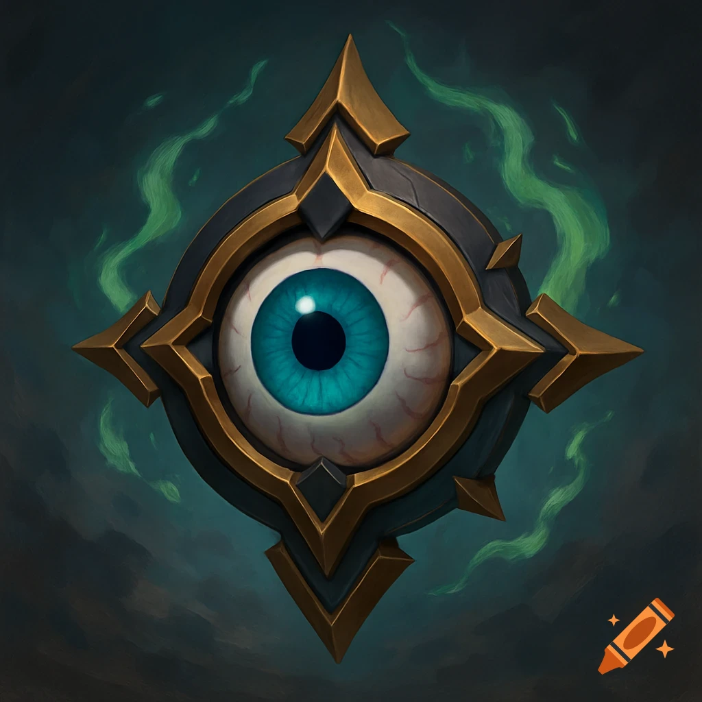 A stylized blue eye in a golden and dark ornate frame with green mist.