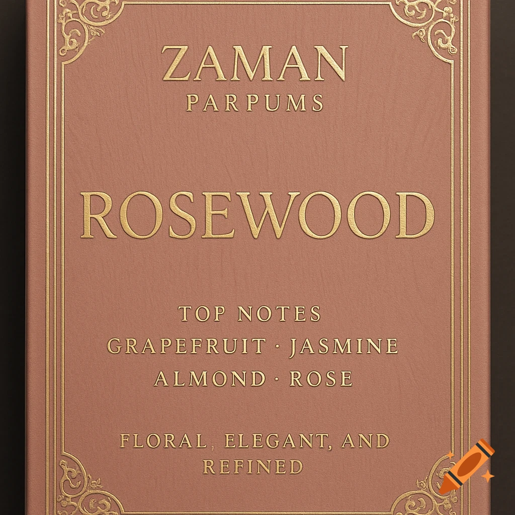 Close-up of a rose gold perfume box with gold text 'ZAMAN PARPUMS ROSEWOOD'.