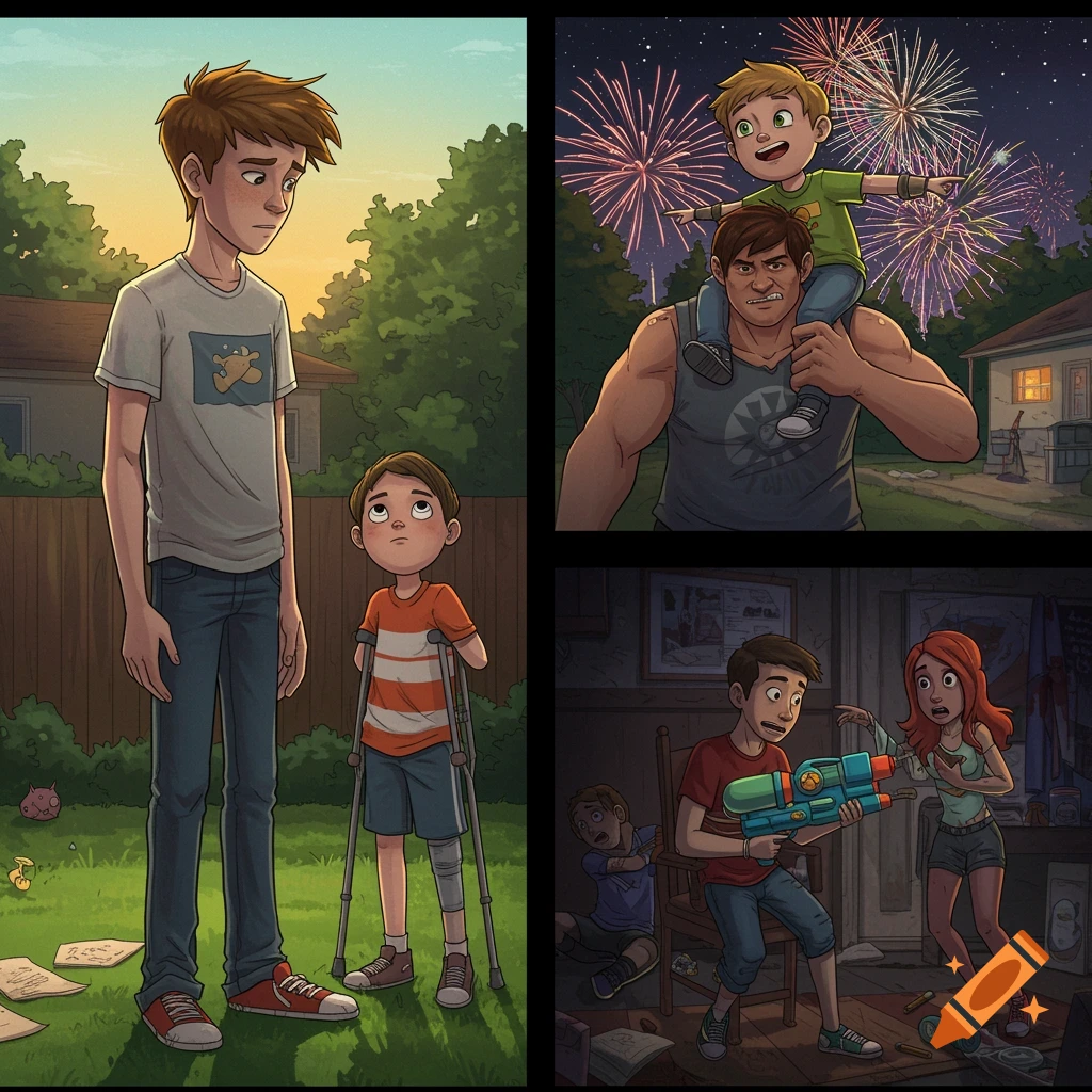 Four-panel illustration depicting scenes with boys and adults: a yard, fireworks, a basement, and a water gun scene.